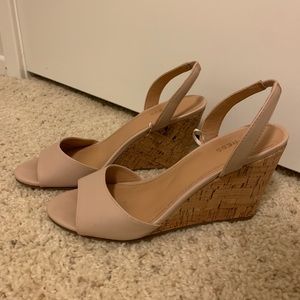 Nude slingback peep toe wedge heels